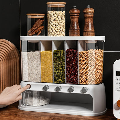 5 Compartment Dry Food Dispenser, Airtight Rice and Cereal Storage Container for Pantry