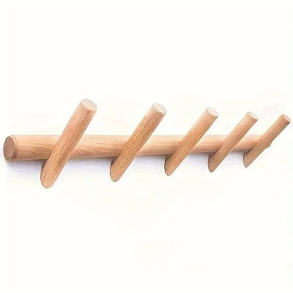 Solid Oak Wall Coat Rack with Wooden Pegs, Minimalist Entryway Hook Rack, 19.7 in