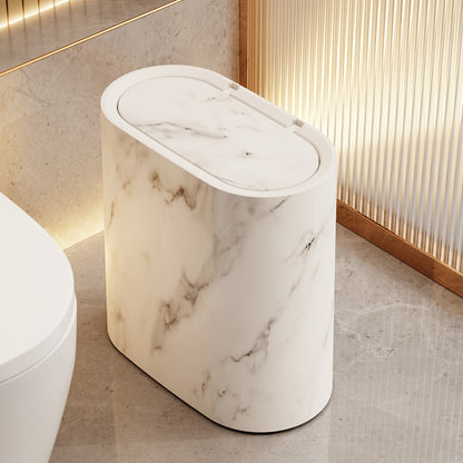 Marble Pattern Trash Can with Lid, Slim Oval Bathroom and Kitchen Bin for Small Spaces, 3 Colors