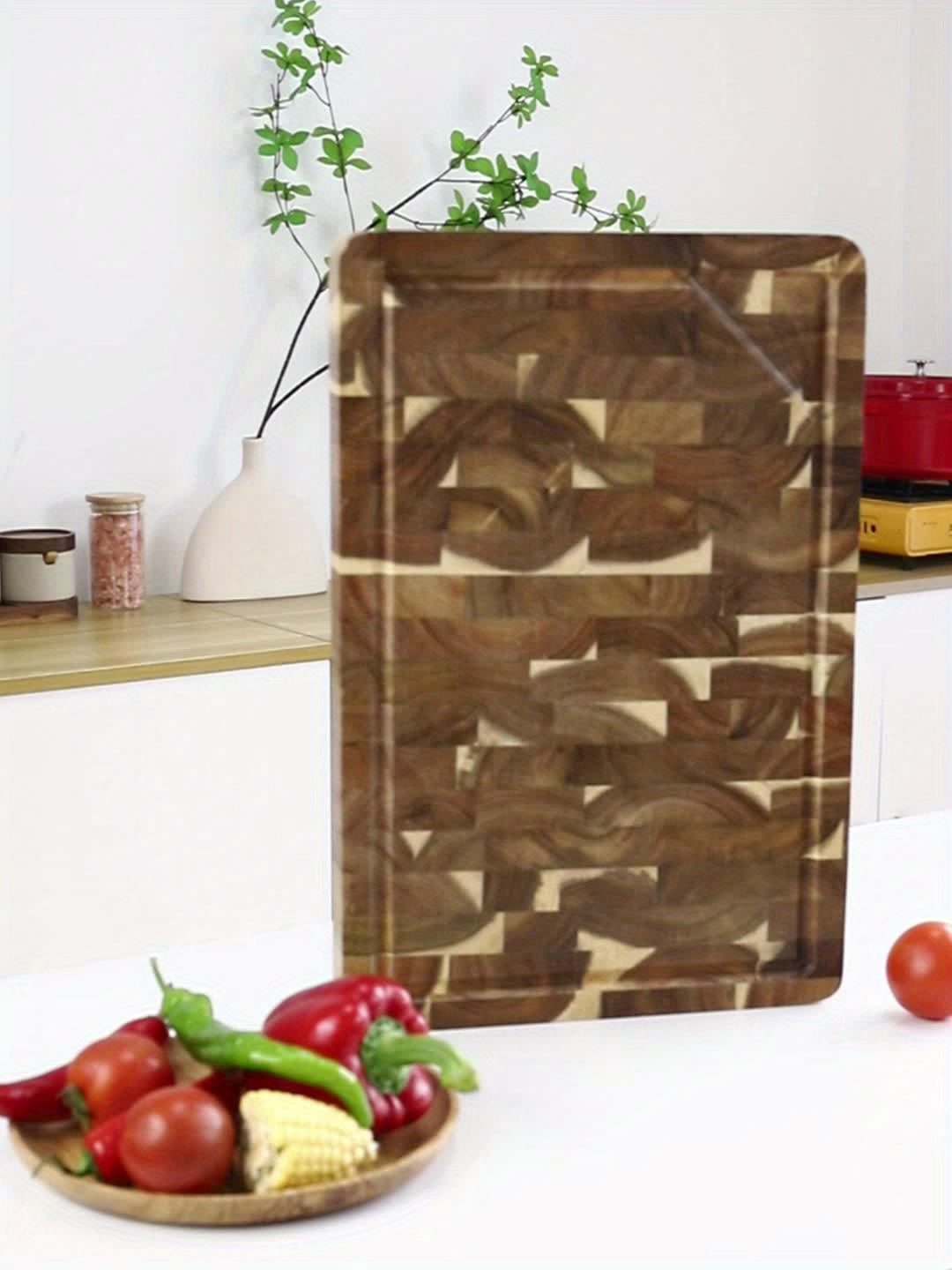 Large Acacia Wood End Grain Cutting Board with Juice Groove, Thick Butcher Block Chopping Board