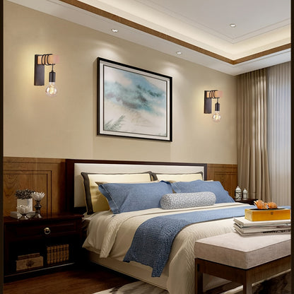 Hardwired Industrial Wall Sconce, Wood and Metal E27 Wall Light for Bedroom, Hallway and Stairway, Bulb Not Included