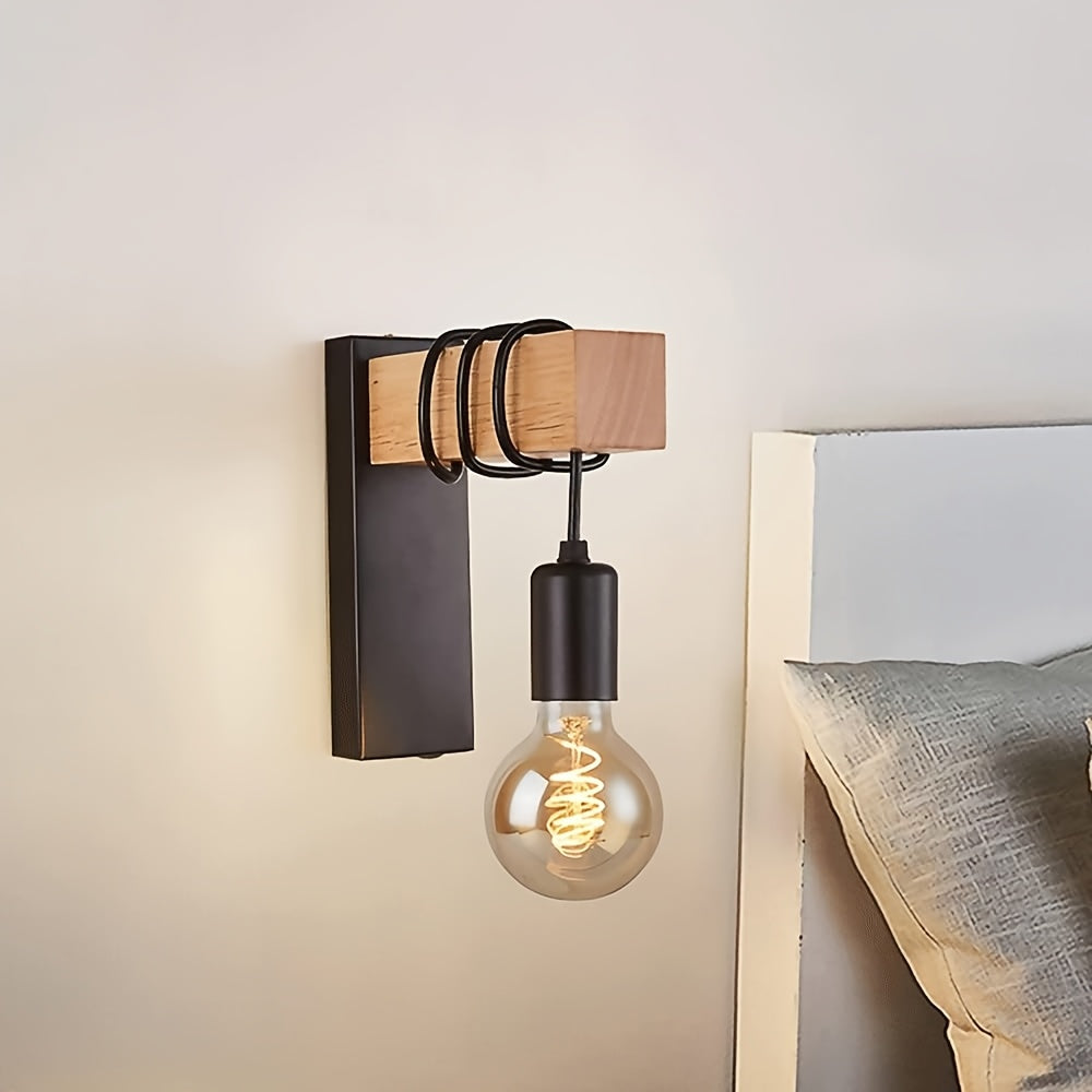 Hardwired Industrial Wall Sconce, Wood and Metal E27 Wall Light for Bedroom, Hallway and Stairway, Bulb Not Included