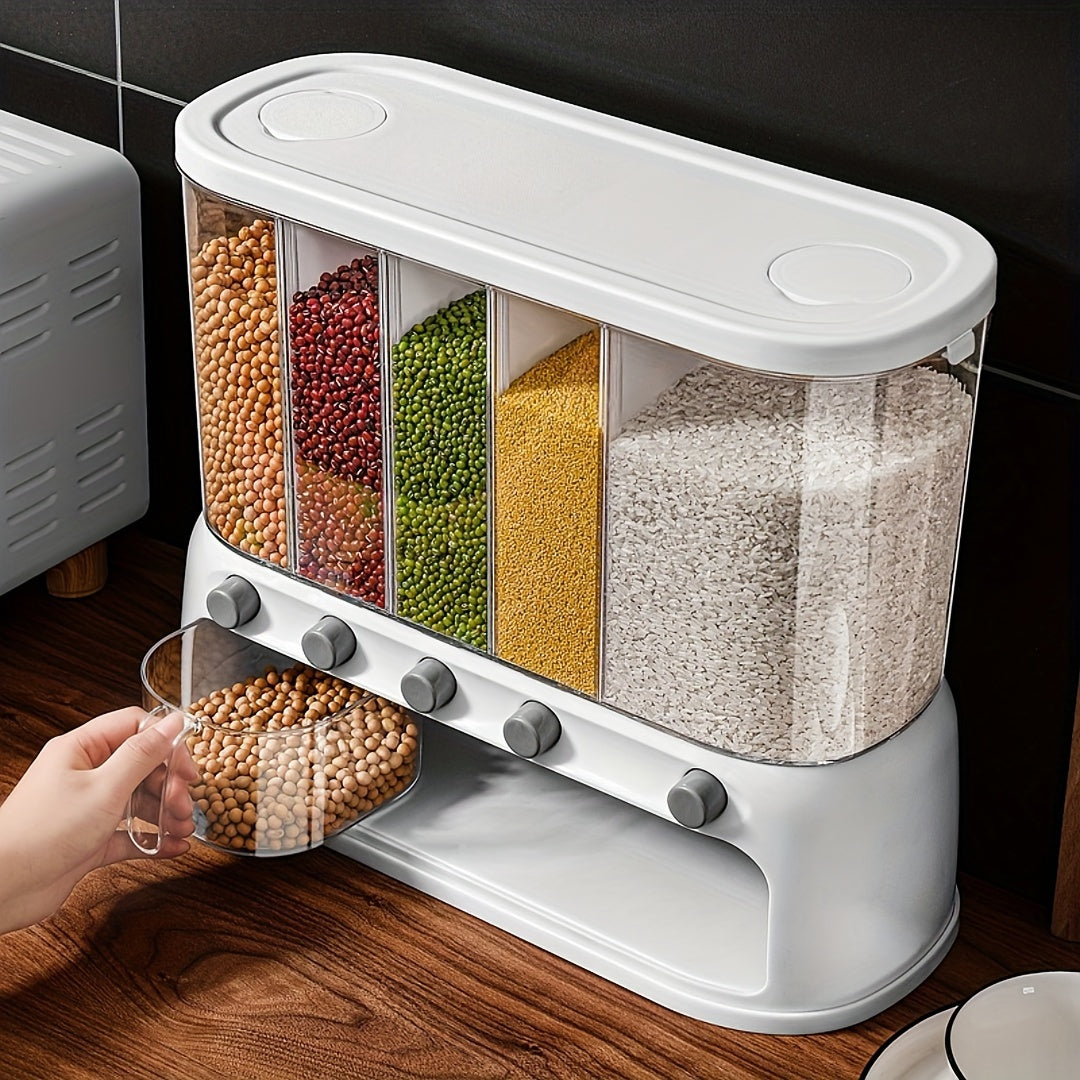 5 Compartment Dry Food Dispenser, Airtight Rice and Cereal Storage Container for Pantry