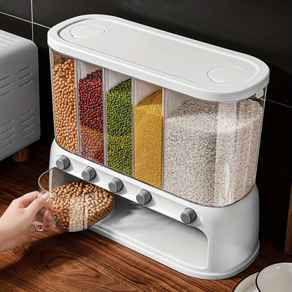 5 Compartment Dry Food Dispenser, Airtight Rice and Cereal Storage Container for Pantry