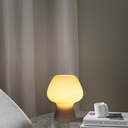 Vintage Ribbed Glass Mushroom Lamp, Dimmable LED Bedside Table Lamp in Mid Century Style