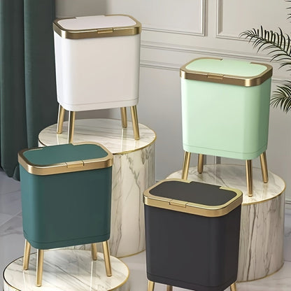 15L Slim Trash Can with Flip Lid and Gold Legs, Modern Raised Waste Bin for Kitchen, Bathroom and Bedroom