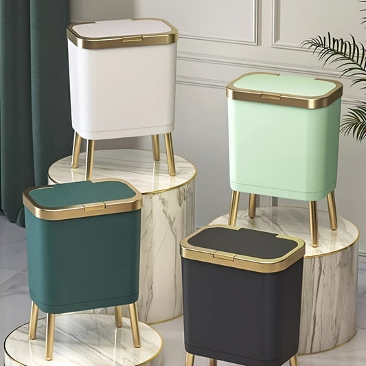 15L Slim Trash Can with Flip Lid and Gold Legs, Modern Raised Waste Bin for Kitchen, Bathroom and Bedroom