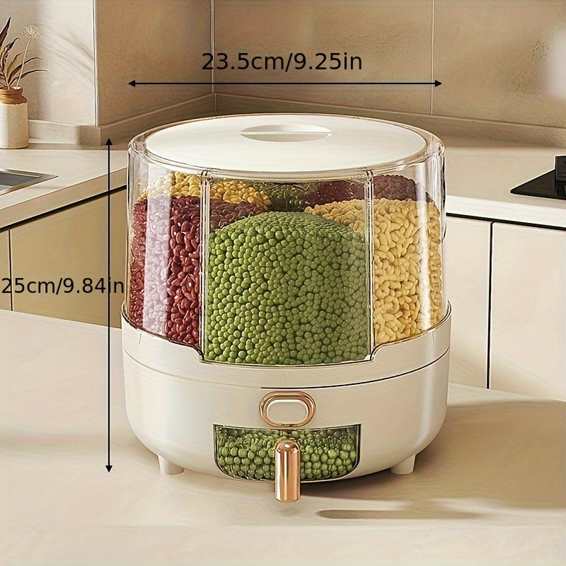 Rotating Airtight Food Storage Container, 360 Degree Rice and Grain Dispenser with Multiple Compartments