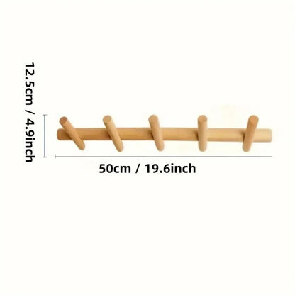Solid Oak Wall Coat Rack with Wooden Pegs, Minimalist Entryway Hook Rack, 19.7 in