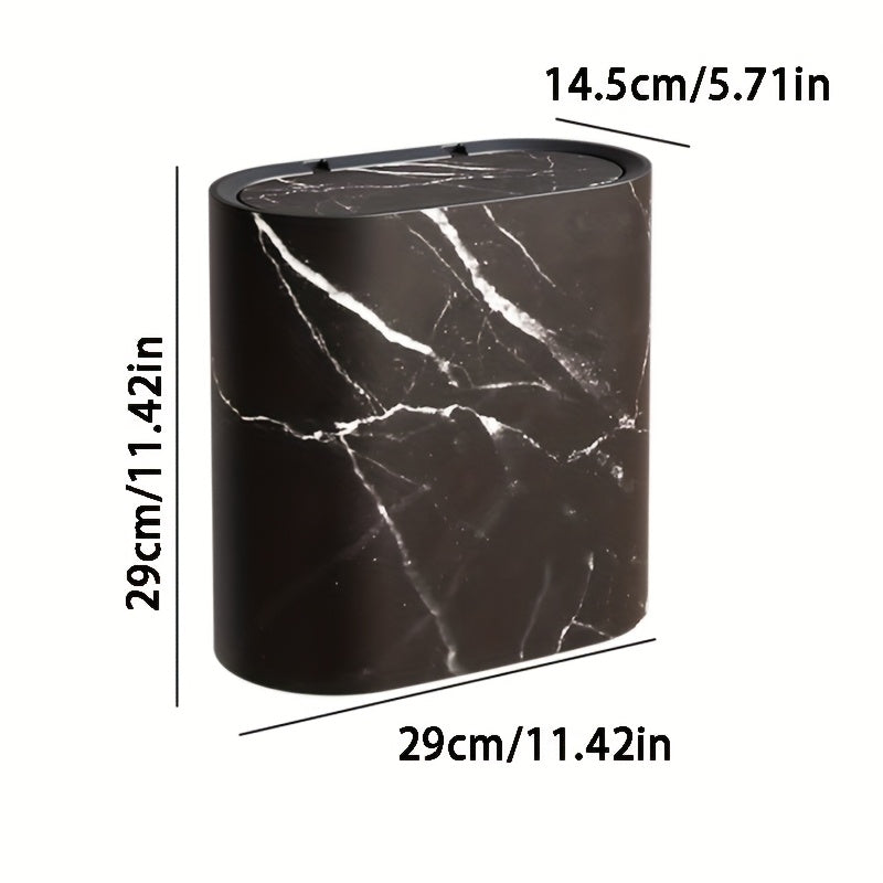 Marble Pattern Trash Can with Lid, Slim Oval Bathroom and Kitchen Bin for Small Spaces, 3 Colors