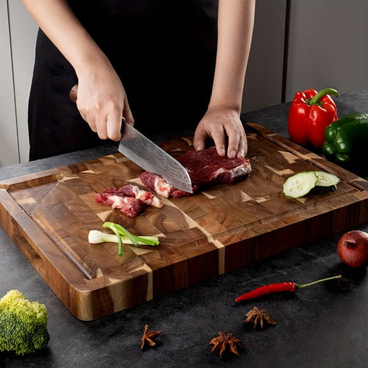 Large Acacia Wood End Grain Cutting Board with Juice Groove, Thick Butcher Block Chopping Board