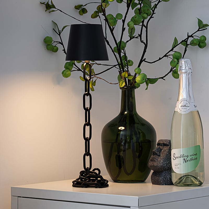 Modern Chain Link Table Lamp, Rechargeable Touch LED Lamp with USB C Charging, Matte Black Industrial Design