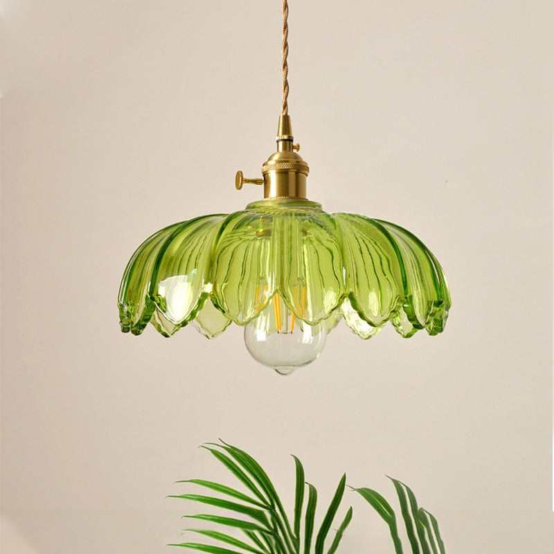 Vintage Flower Glass Pendant Light, Scalloped Glass Hanging Lamp with Brass Socket for Kitchen and Dining Room
