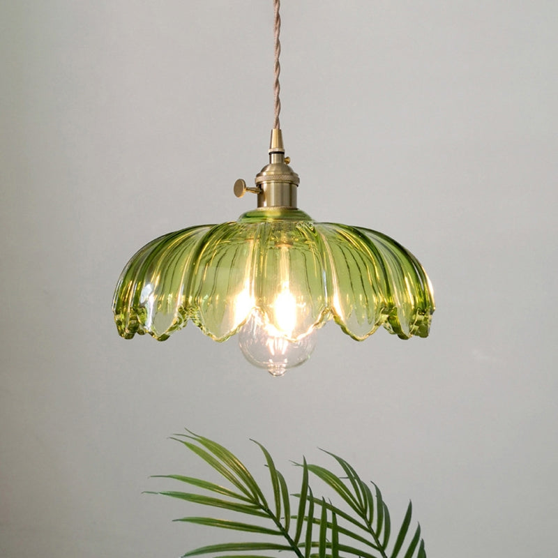 Vintage Flower Glass Pendant Light, Scalloped Glass Hanging Lamp with Brass Socket for Kitchen and Dining Room