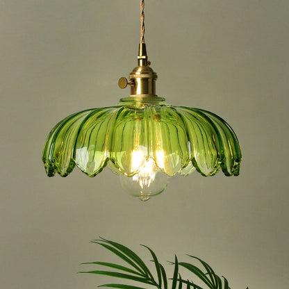 Vintage Flower Glass Pendant Light, Scalloped Glass Hanging Lamp with Brass Socket for Kitchen and Dining Room