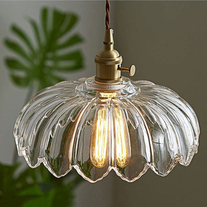 Vintage Flower Glass Pendant Light, Scalloped Glass Hanging Lamp with Brass Socket for Kitchen and Dining Room