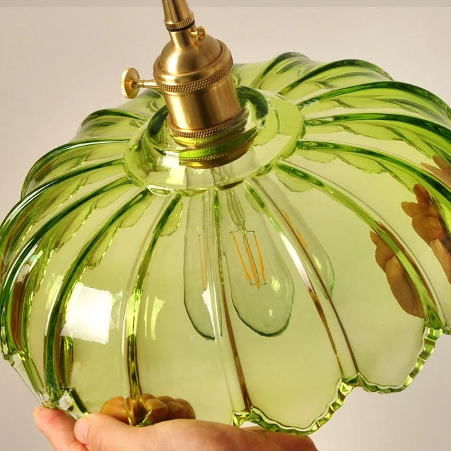 Vintage Flower Glass Pendant Light, Scalloped Glass Hanging Lamp with Brass Socket for Kitchen and Dining Room