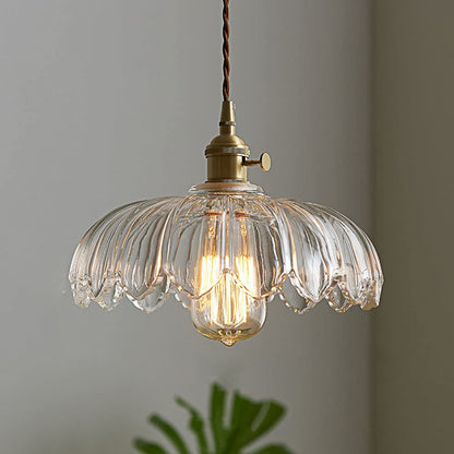 Vintage Flower Glass Pendant Light, Scalloped Glass Hanging Lamp with Brass Socket for Kitchen and Dining Room