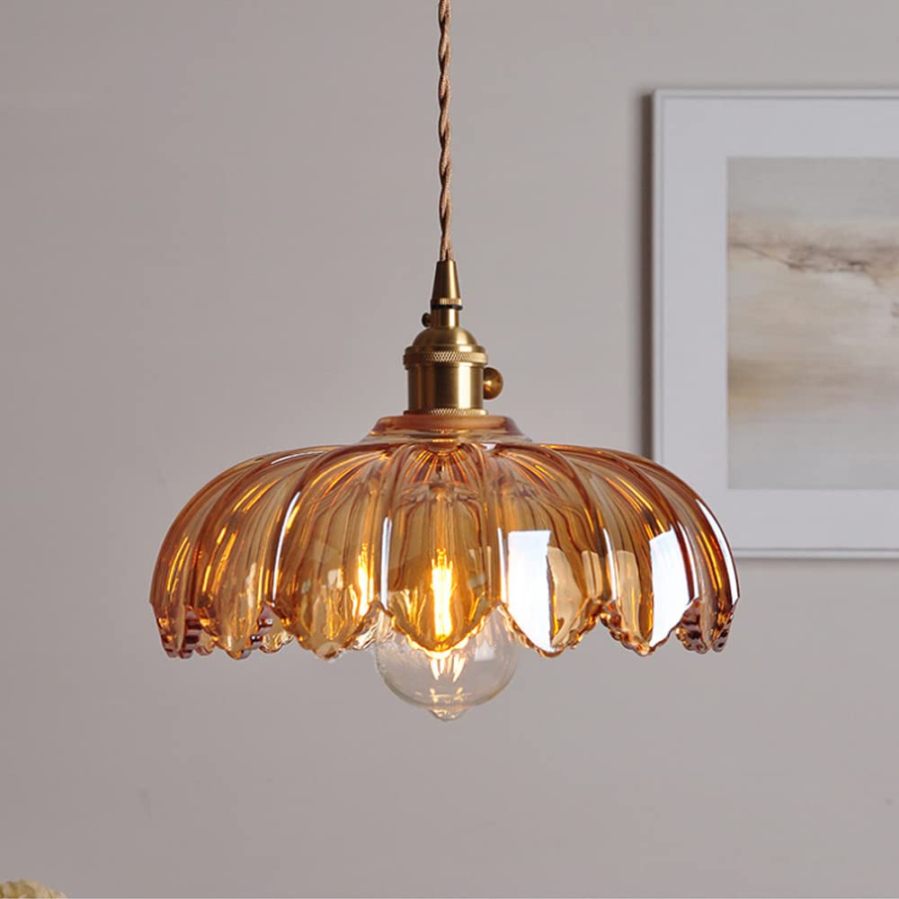 Vintage Flower Glass Pendant Light, Scalloped Glass Hanging Lamp with Brass Socket for Kitchen and Dining Room