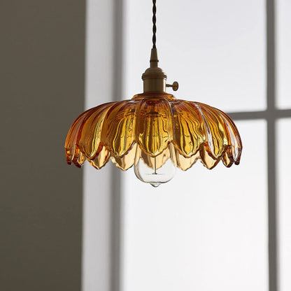 Vintage Flower Glass Pendant Light, Scalloped Glass Hanging Lamp with Brass Socket for Kitchen and Dining Room