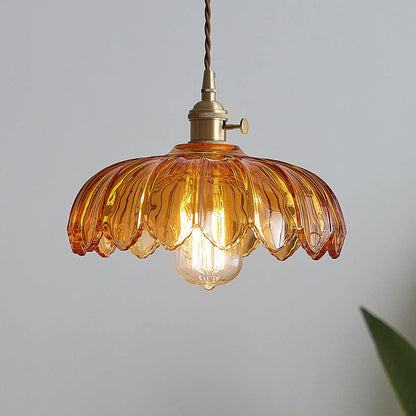 Vintage Flower Glass Pendant Light, Scalloped Glass Hanging Lamp with Brass Socket for Kitchen and Dining Room