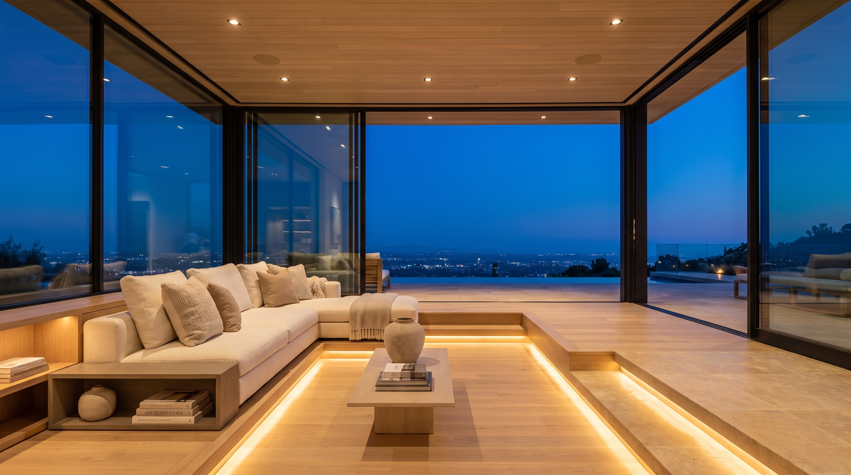 Villavelv brand banner, terrace at dusk