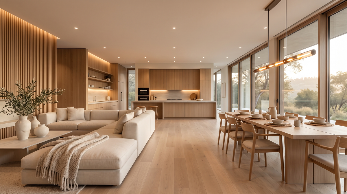 Villavelv brand banner, warm modern living space