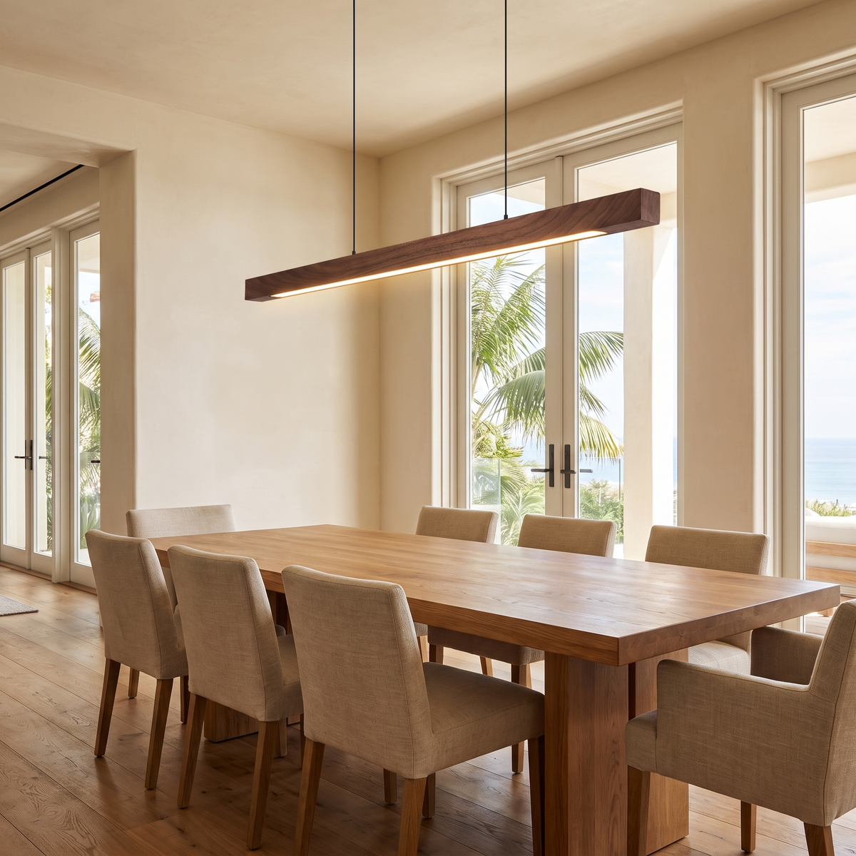 Pendant light above an oak dining table in a warm modern interior