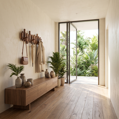 Coat rack in a warm modern hallway