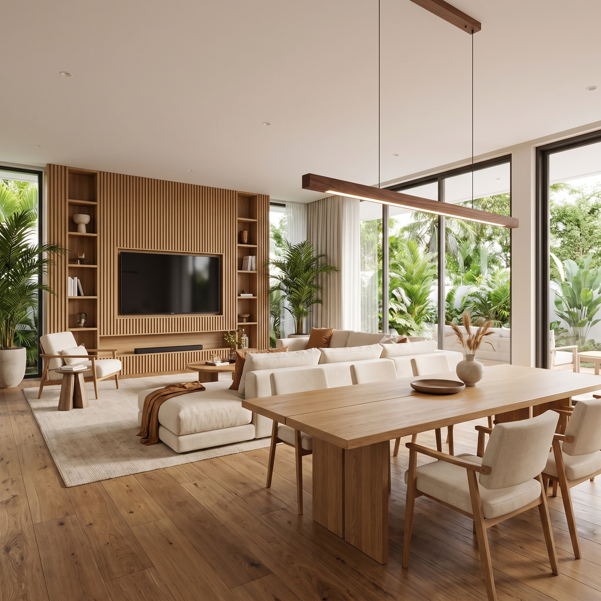 Pendant light as the focal point of a living and dining space