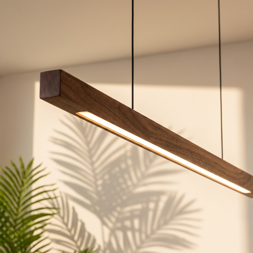 Close detail of the pendant light wood grain