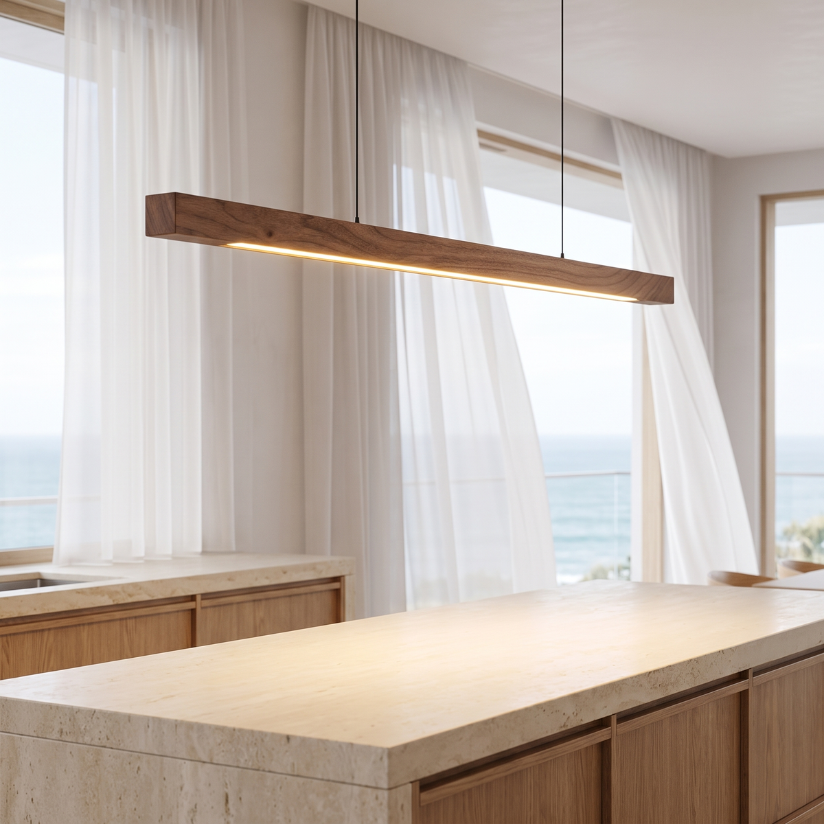 Pendant light glowing above a stone kitchen island