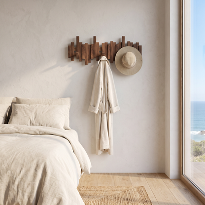 Coat rack in a light coastal bedroom corner