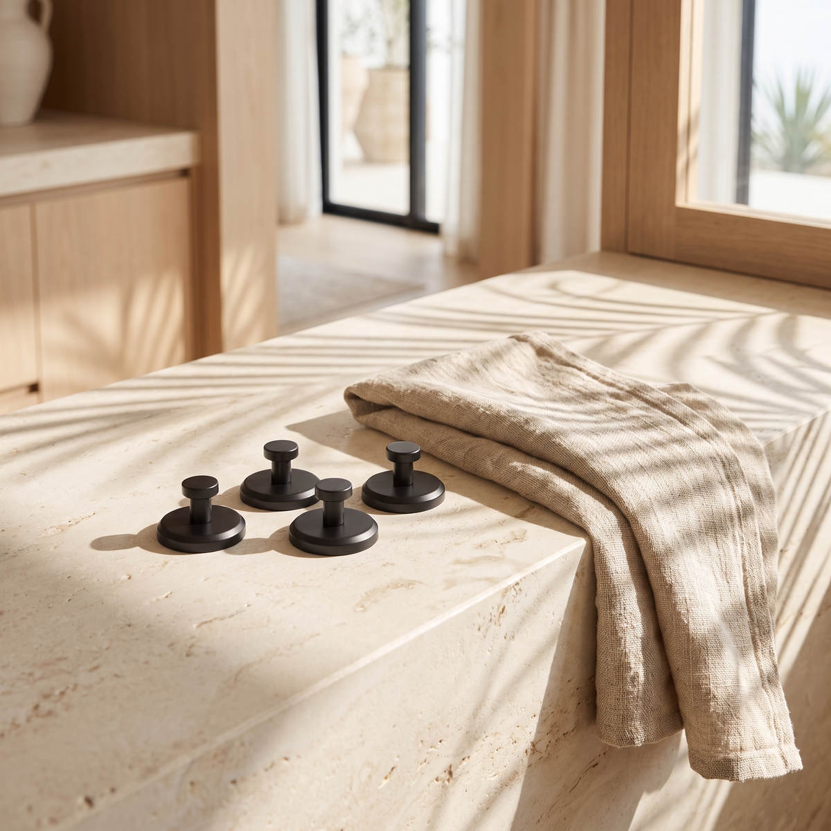 Four suction hooks laid on a stone ledge with a linen towel