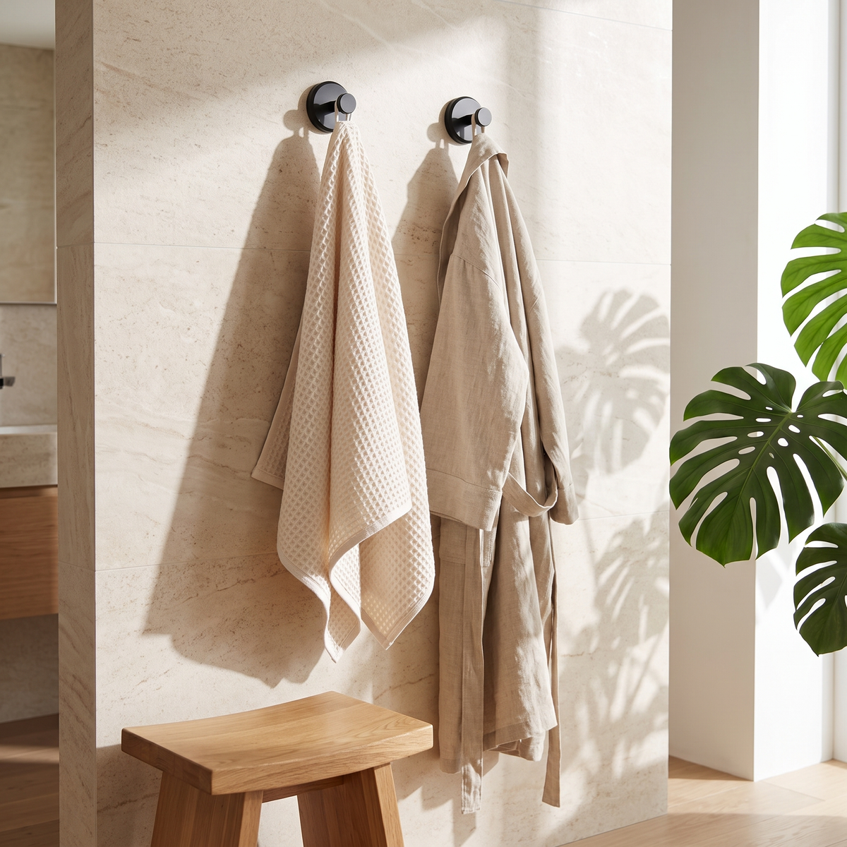 Suction hooks holding a towel and robe in a warm modern bathroom