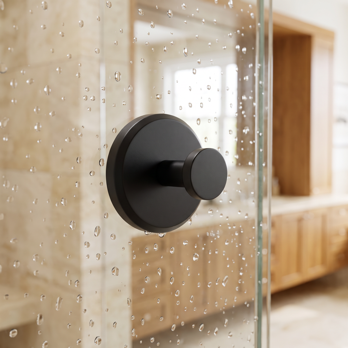 Close detail of a suction hook on a glass shower panel