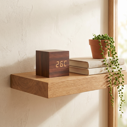 Cube alarm clock styled on a floating oak shelf
