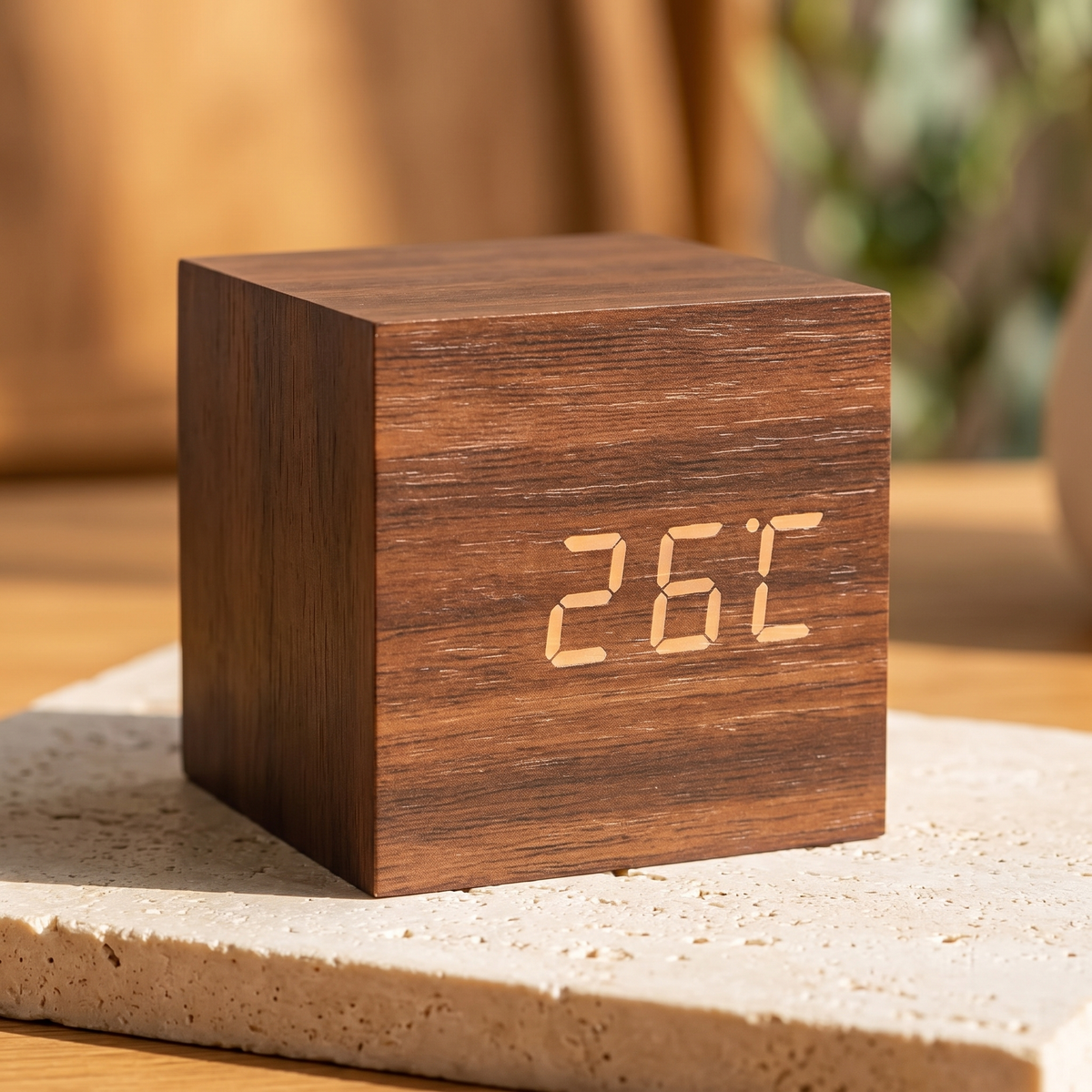 Close view of the cube clock display and wood grain finish