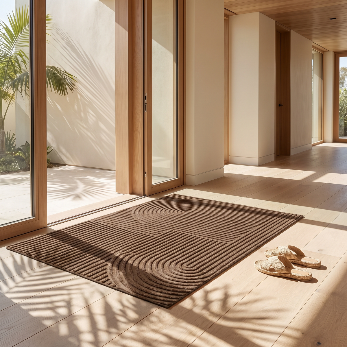 Door mat on oak flooring inside a warm modern entry