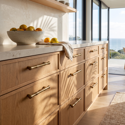 A run of oak drawers fitted with the brass handles