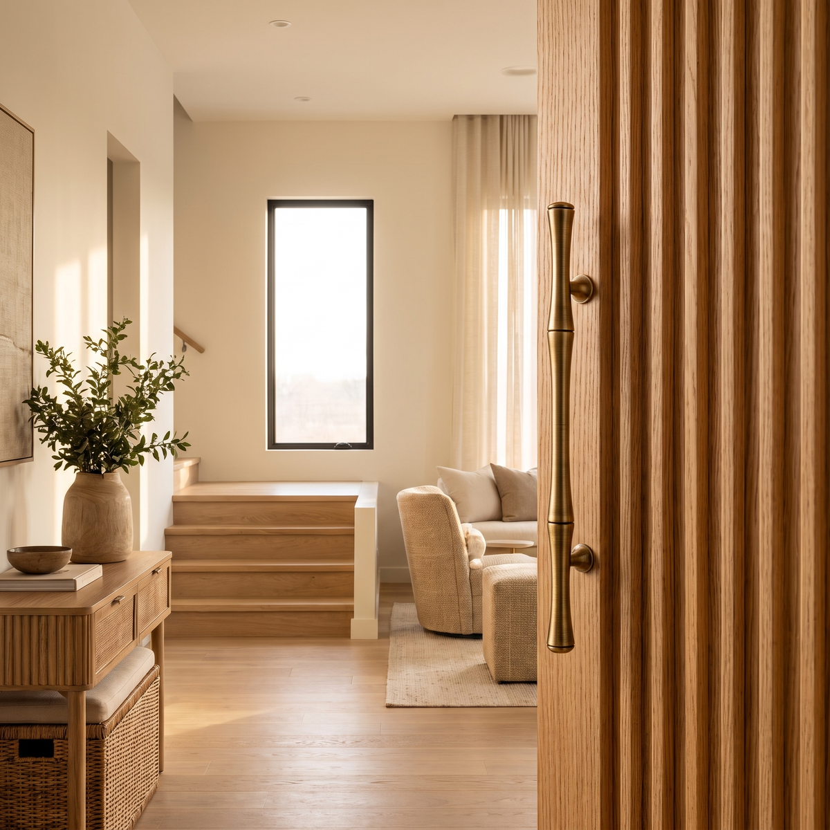Brass handle on a fluted oak wardrobe door