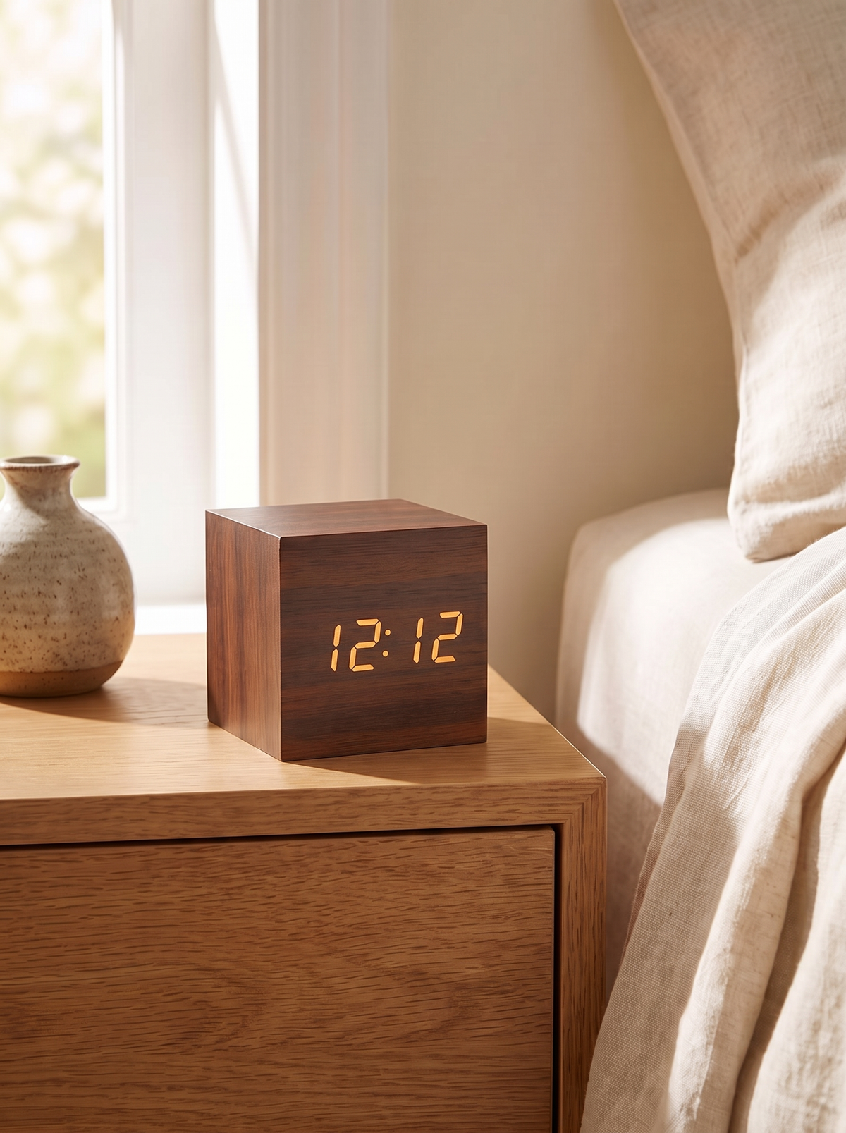 Lumo cube clock showing 12:12 on an oak bedside nightstand