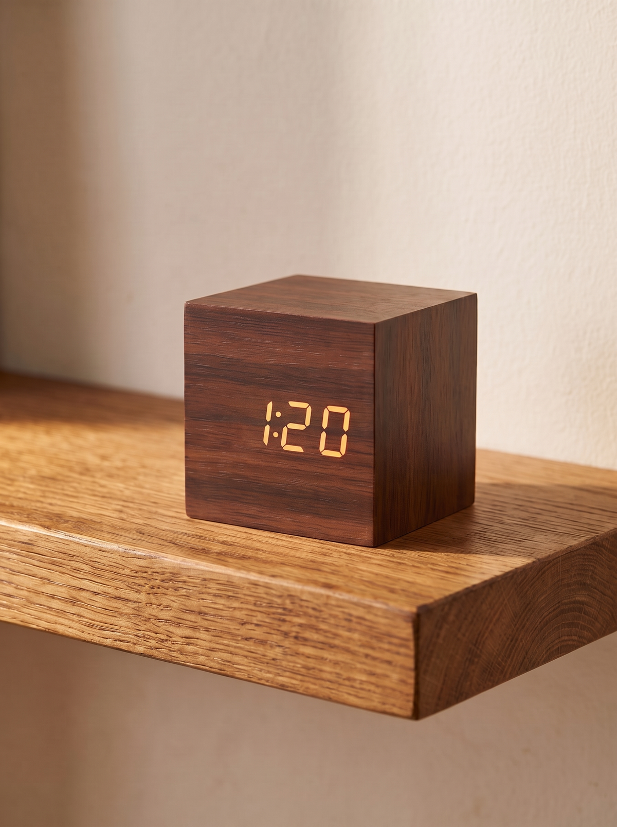 Close up of the Lumo cube clock showing 1:20 on an oak shelf