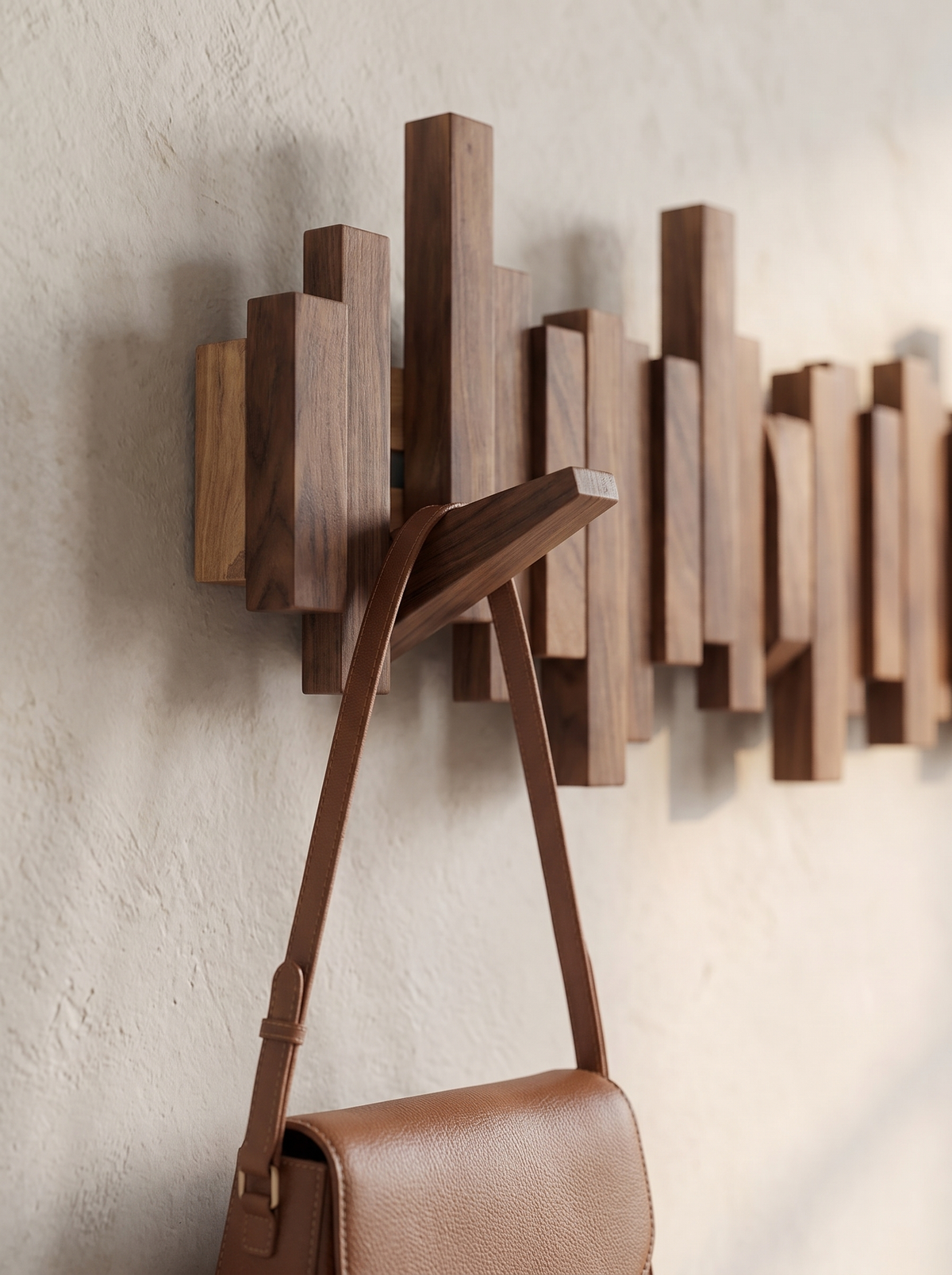 Close up of the Halden coat rack hook holding a leather bag
