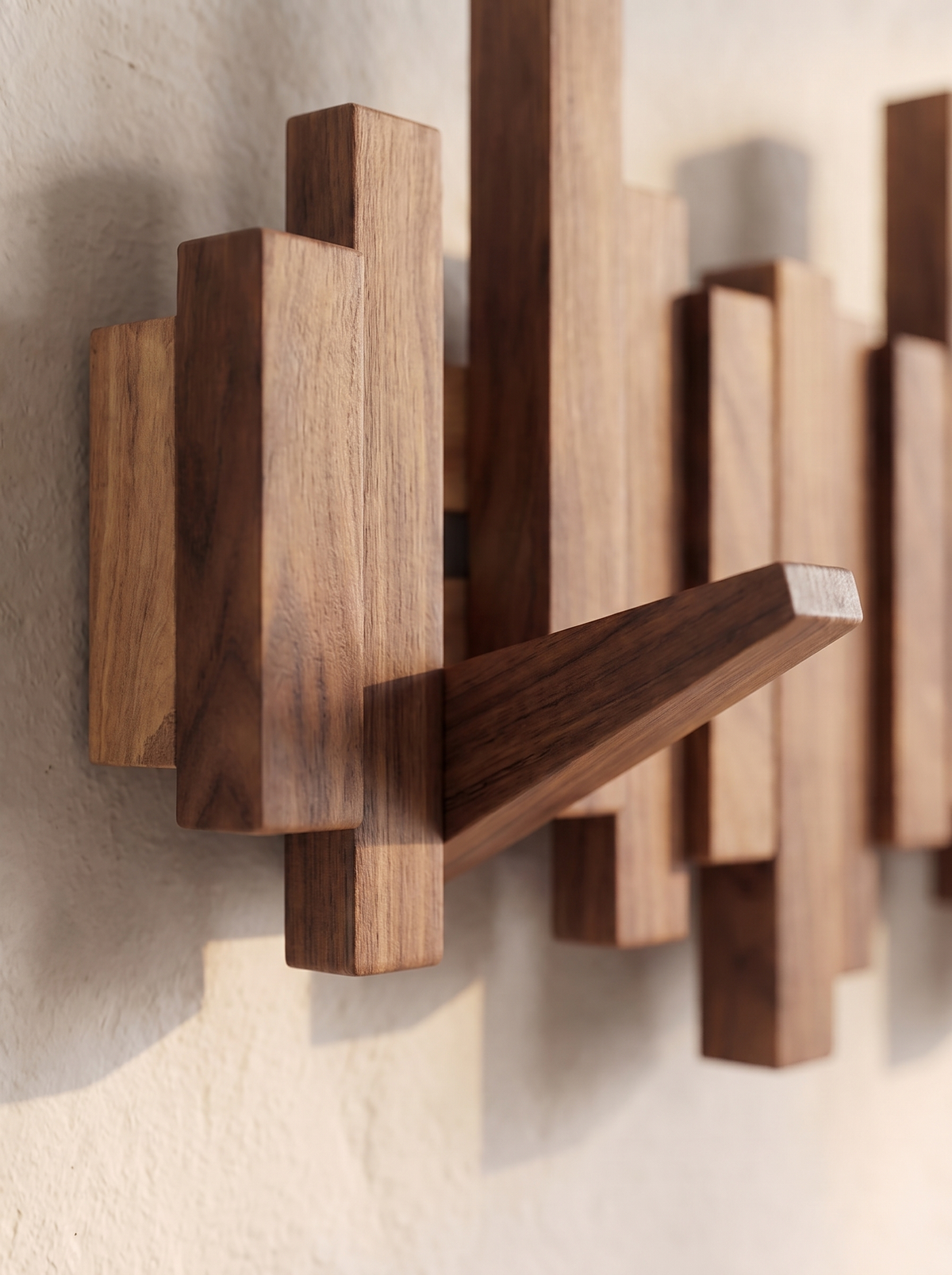 Close up of the Halden coat rack slats and folded hook