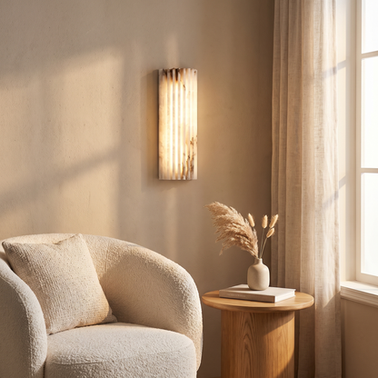 Marlowe sconce in a living room, angled view