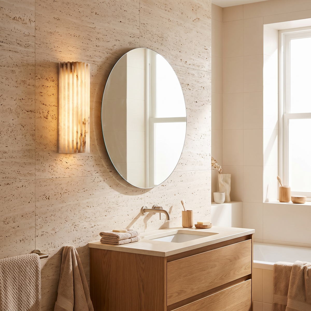 Marlowe sconce beside a round bathroom mirror
