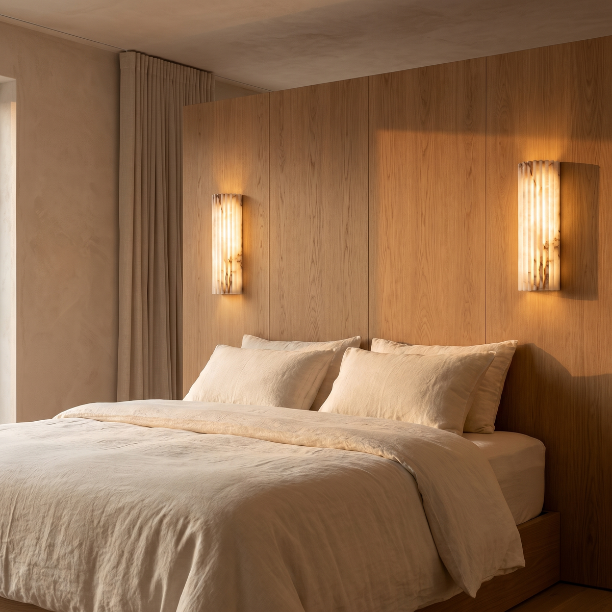 A pair of Marlowe sconces either side of a bed