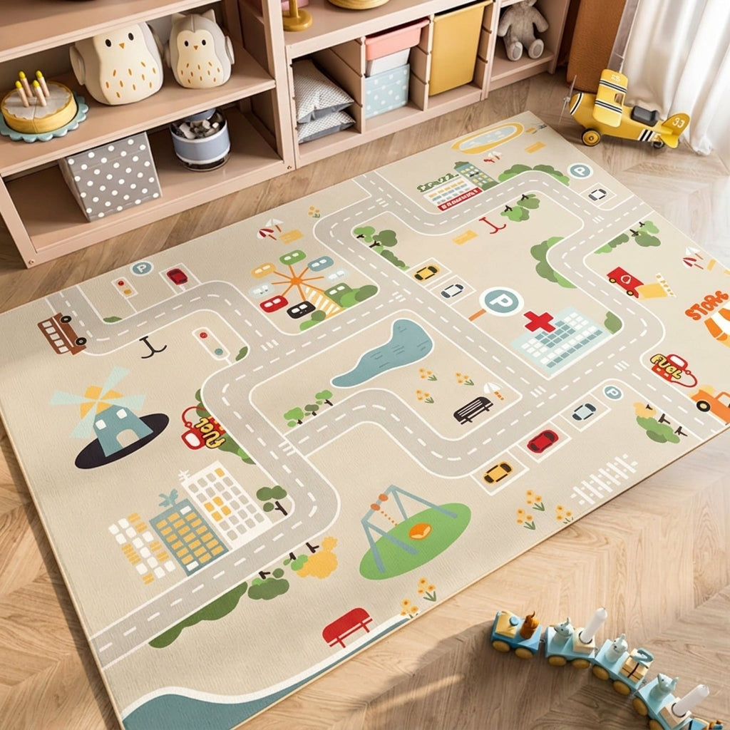 Parking Lot Play Mat Rug for Kids, Non Slip Car Play Rug for Playroom, Bedroom and Reading Corner