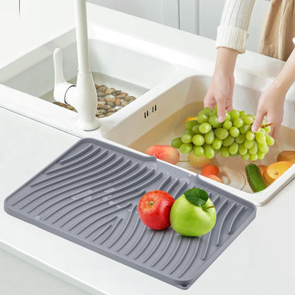 Silicone Dish Drying Mat with Built In Drain, Heat Resistant Countertop Drain Pad for Kitchen Sink